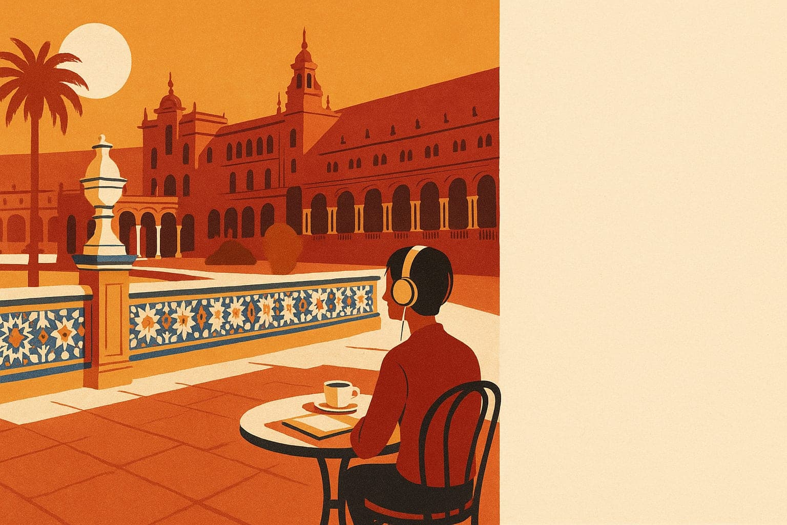 Mid-century travel-poster illustration of a listener with headphones at a sunlit Spanish plaza